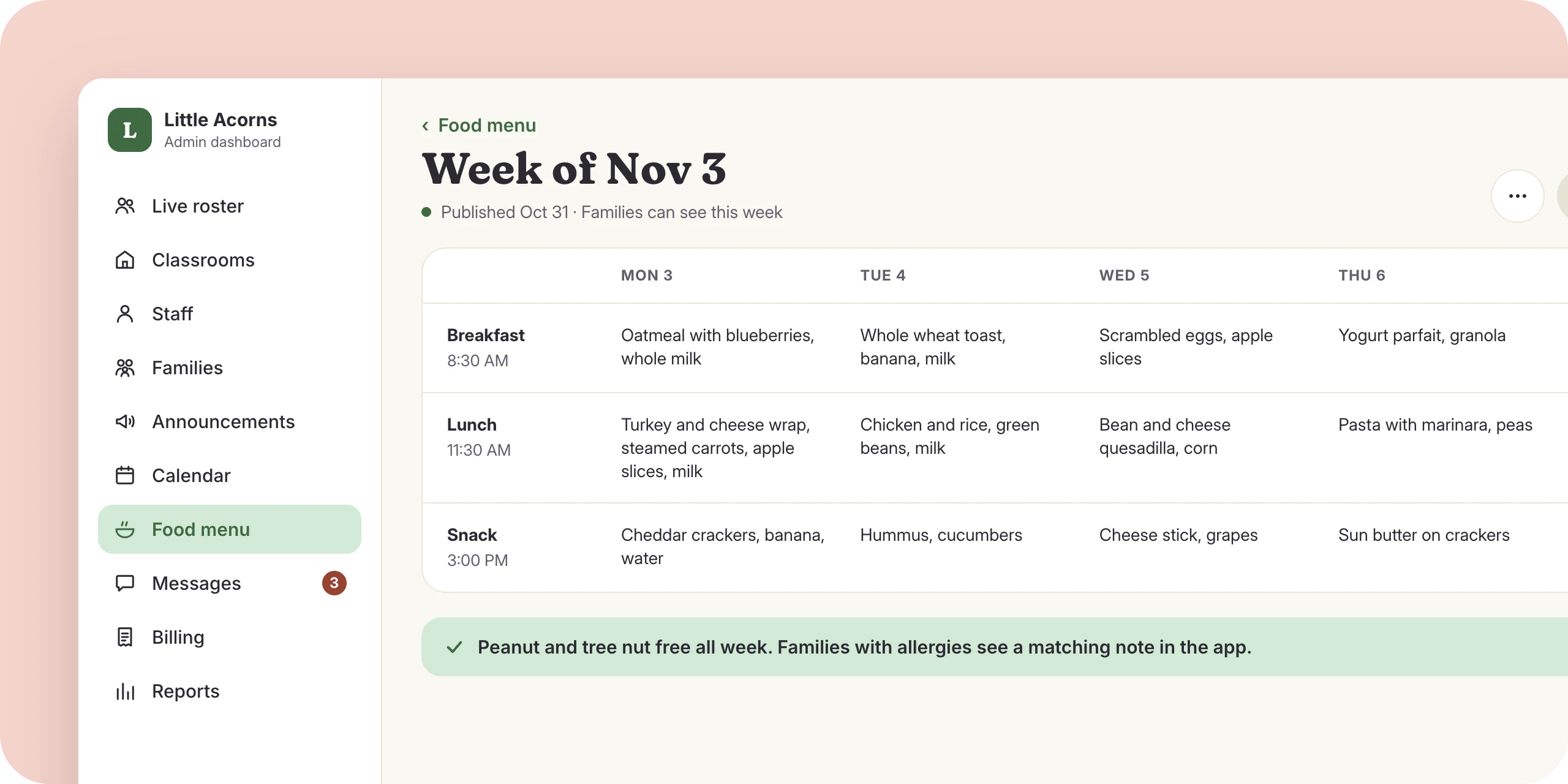 The admin dashboard weekly food menu, published
