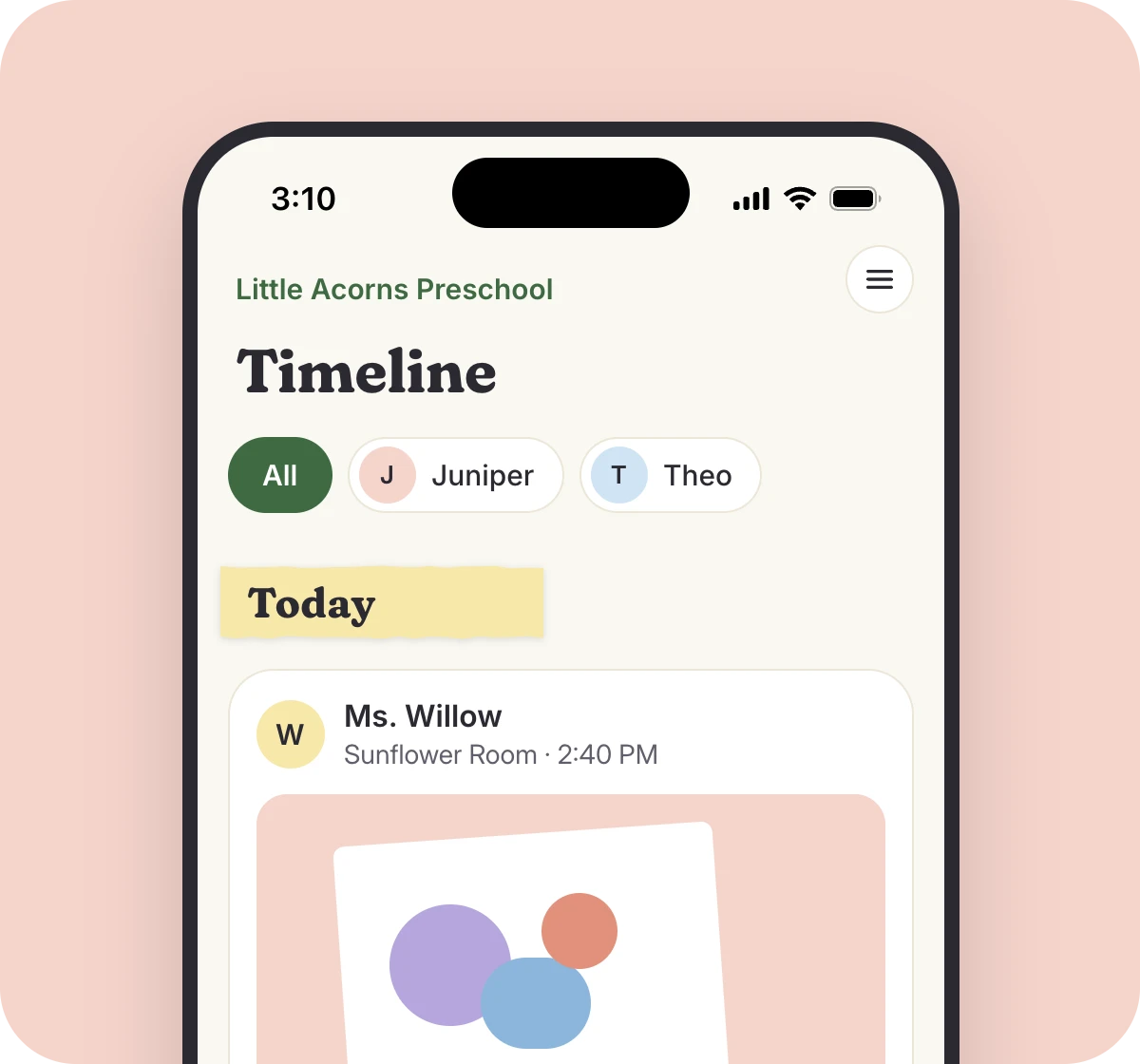 The parent app timeline with today's photos and notes from the teacher