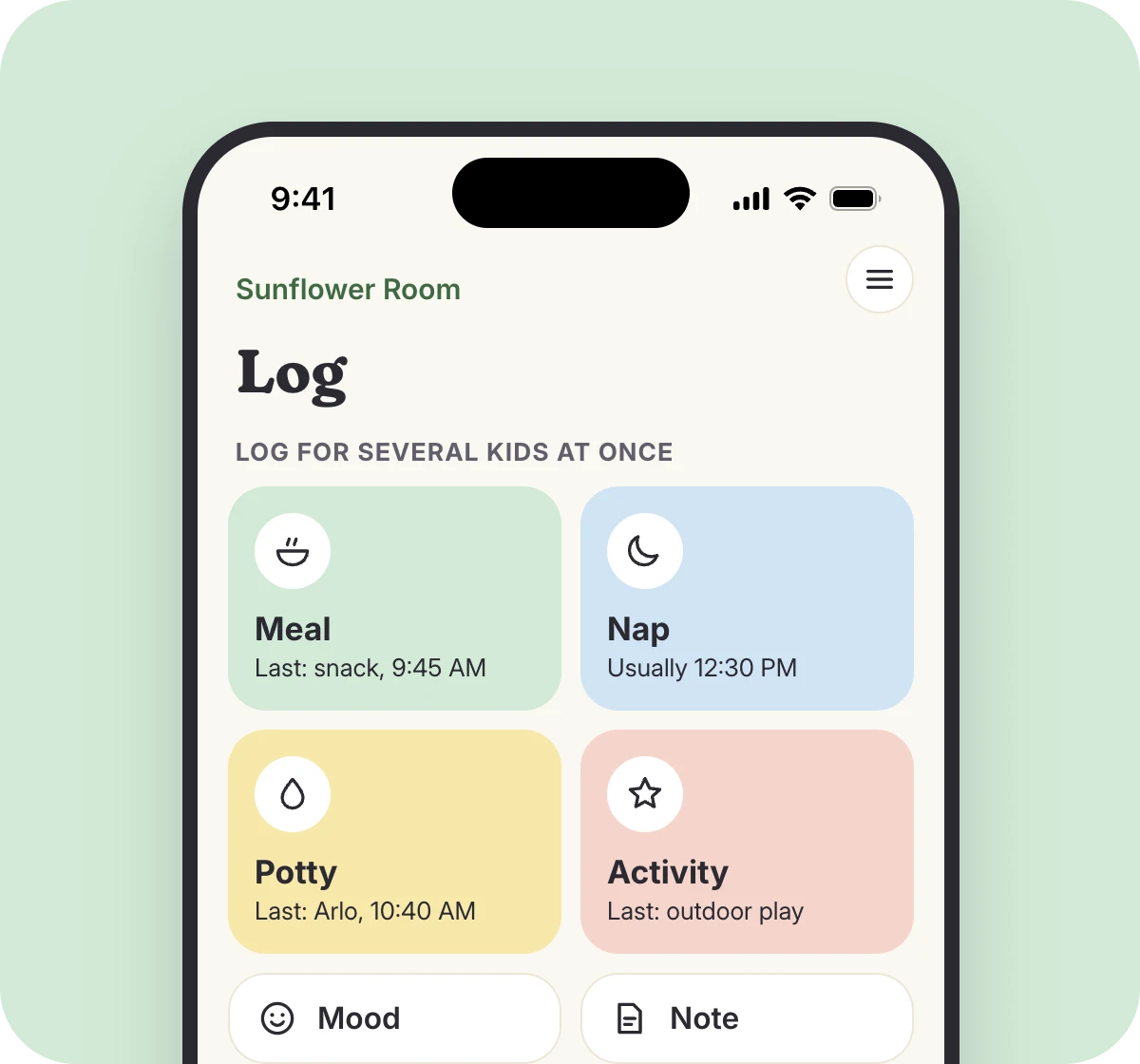 The teacher app log screen with meal, nap, potty and activity buttons
