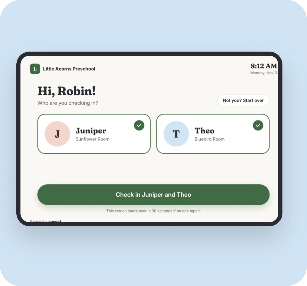 The kiosk screen for choosing which children to check in