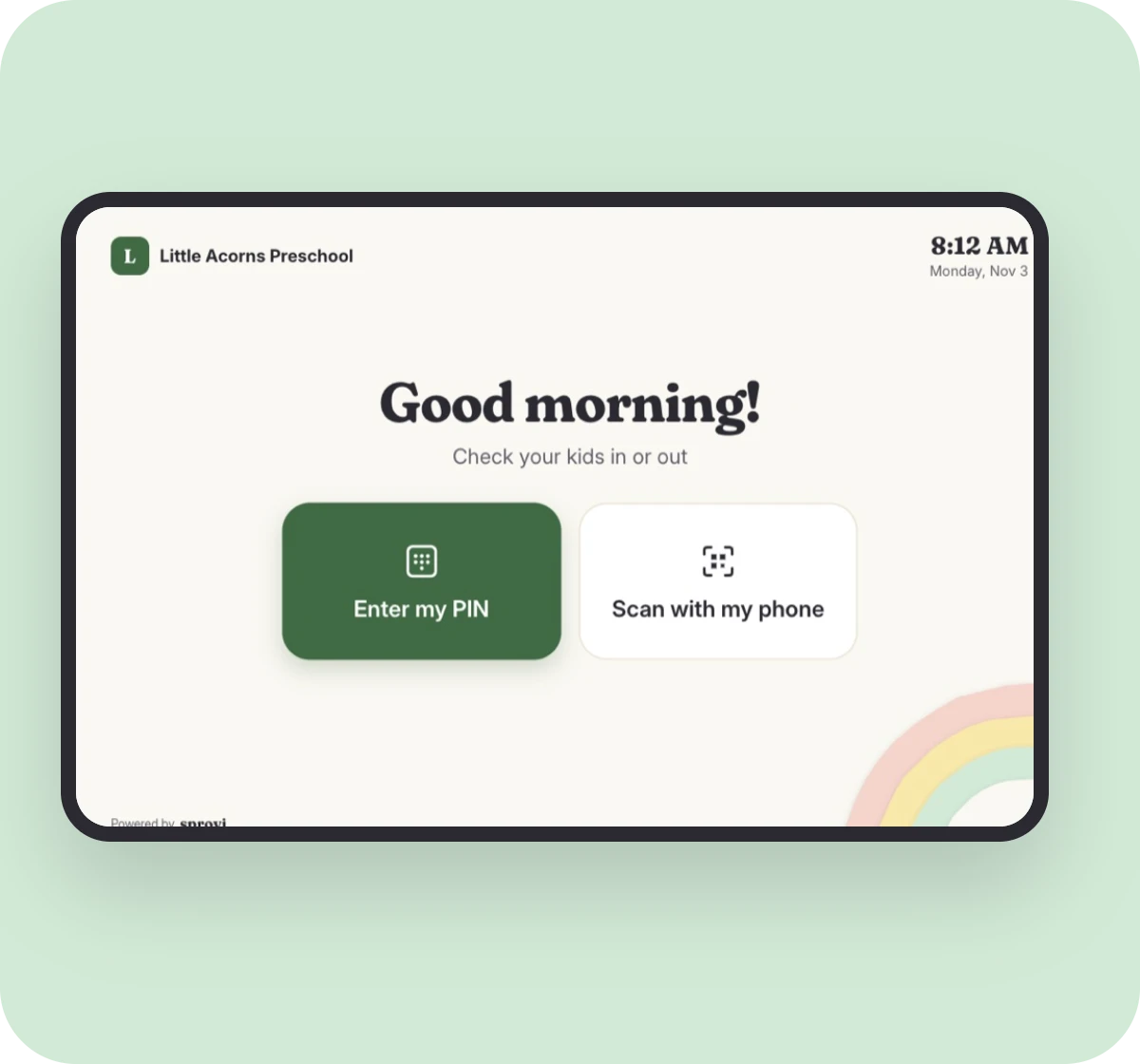 The check-in kiosk welcome screen on a tablet