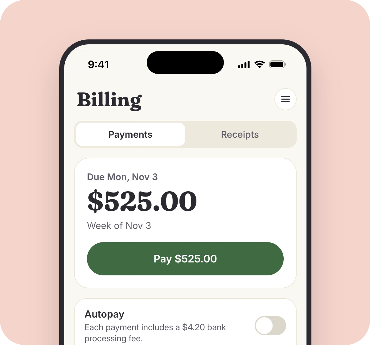 The parent app billing screen with the amount due and a pay button