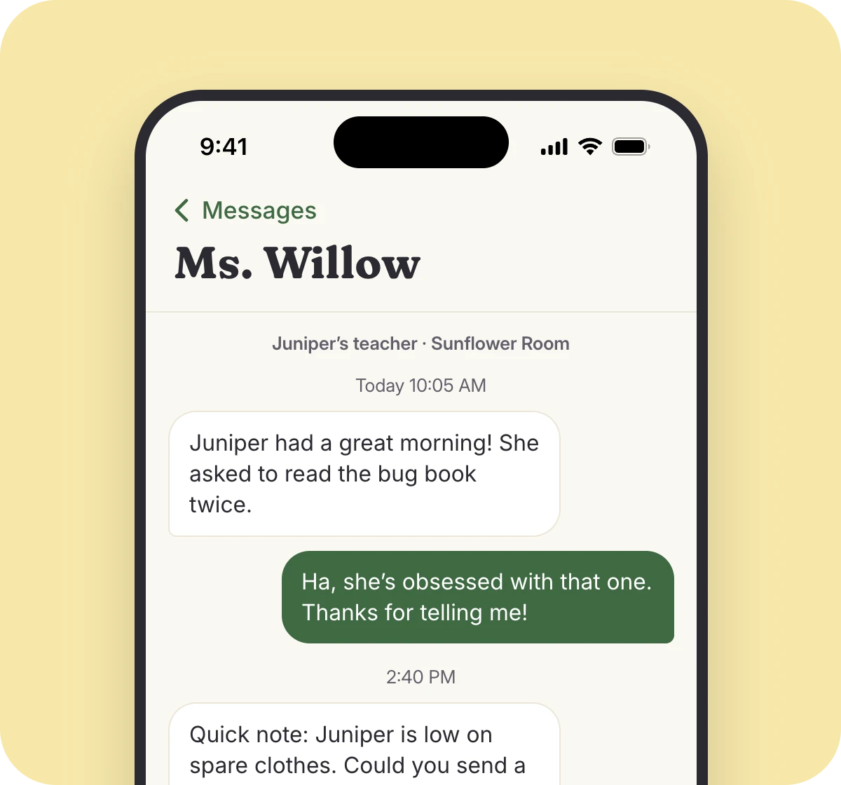 A message thread between a parent and a teacher in the parent app