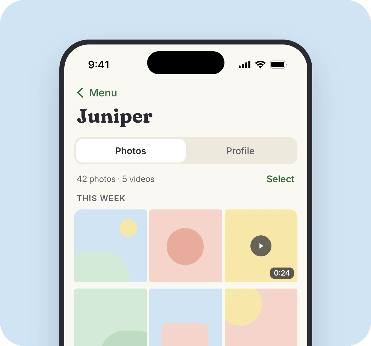 The parent app photo timeline for a child, with this week's photos and videos