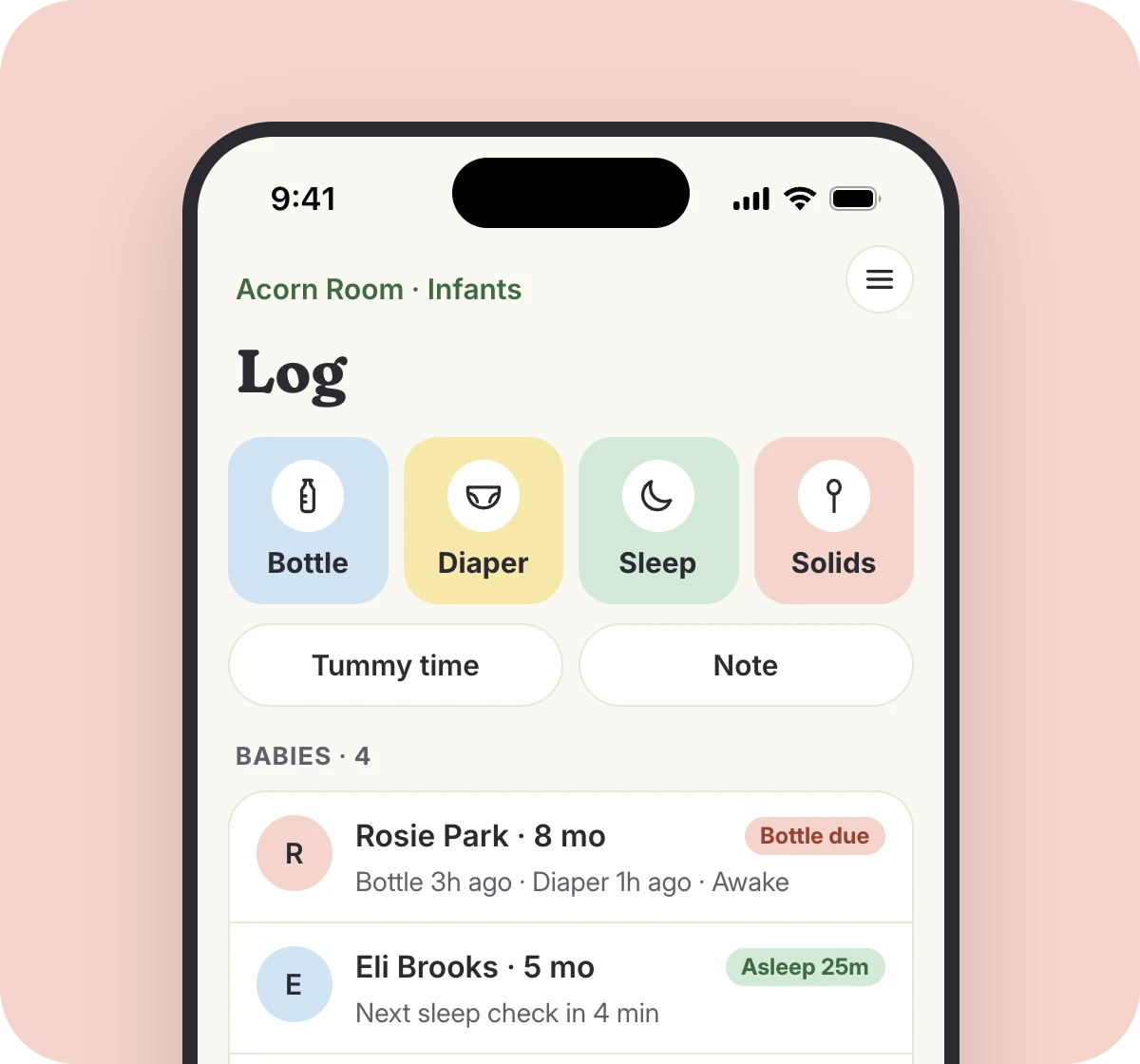 The teacher app infant log with bottles, diapers and sleep checks