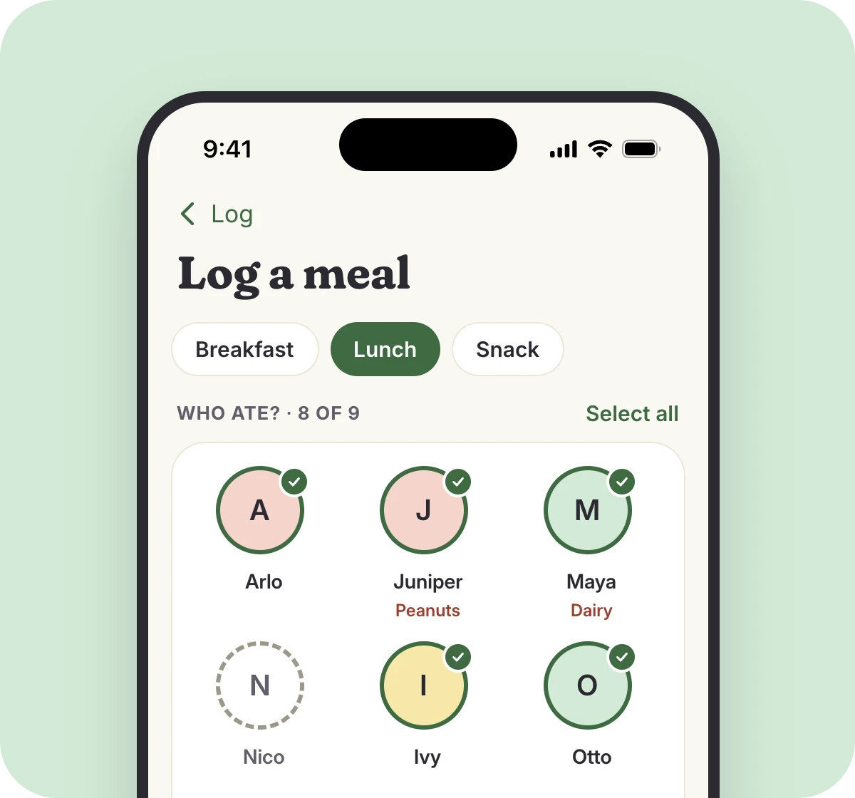The teacher app logging a meal for several children at once
