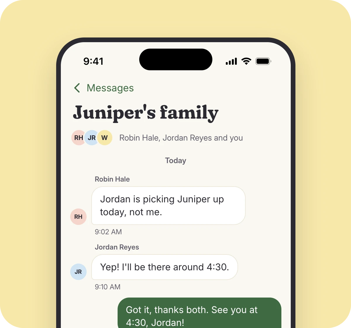 A family group thread in the teacher app